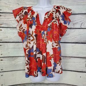 Maurices Red Blue Floral Peasant Blouse with Flutter Sleeves